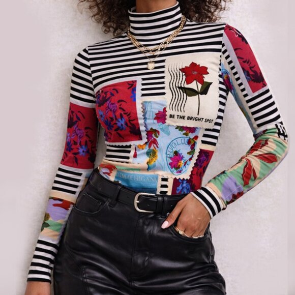 The Kit Tops - The Kit Patchwork Graphic Striped Turtleneck